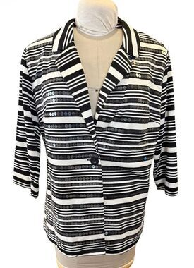 Peck & Peck 3/4 Sleeve Black/Off-White Striped Sequin Stretch Knit Blazer XL